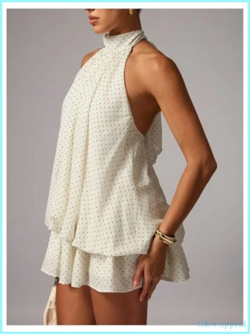 Polka Dots Halter Neck Mini Dress Layered Ruffle Sleeveless